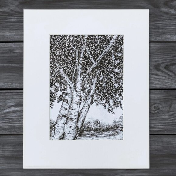Birch Trees Original Art Illustration, Matted